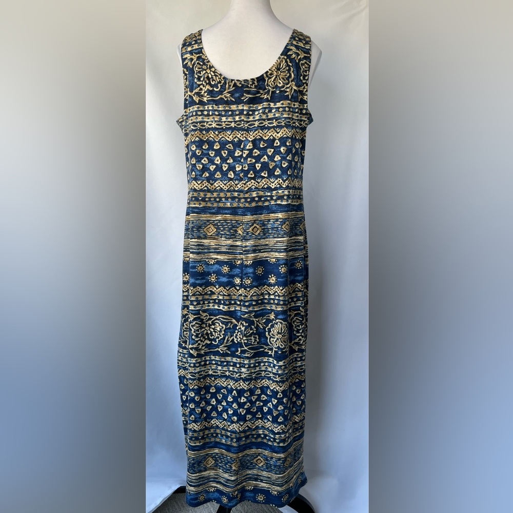 Jazz II Geometric Lightweight Sleeveless Side Split Maxi Dress Blue / Tan